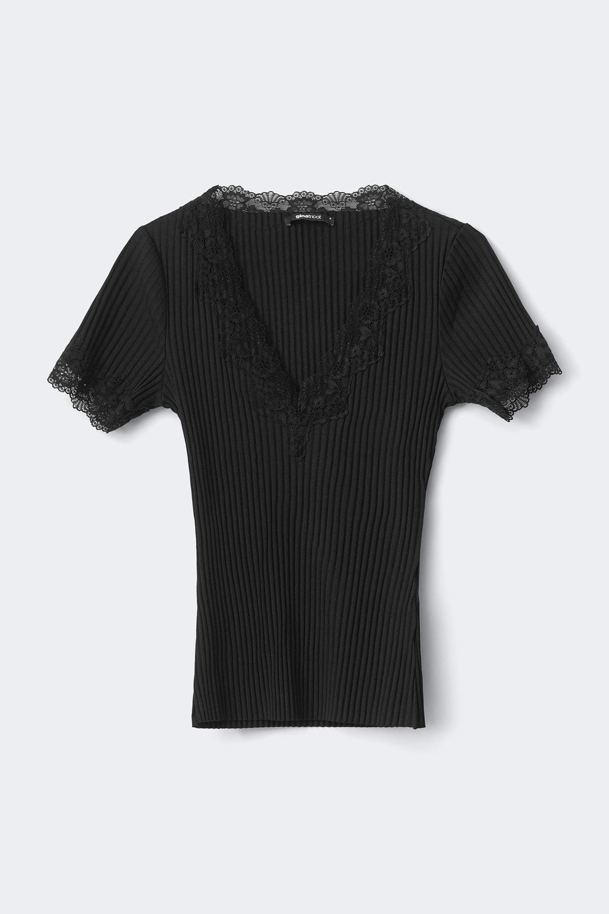 Lace detail rib top - Noir