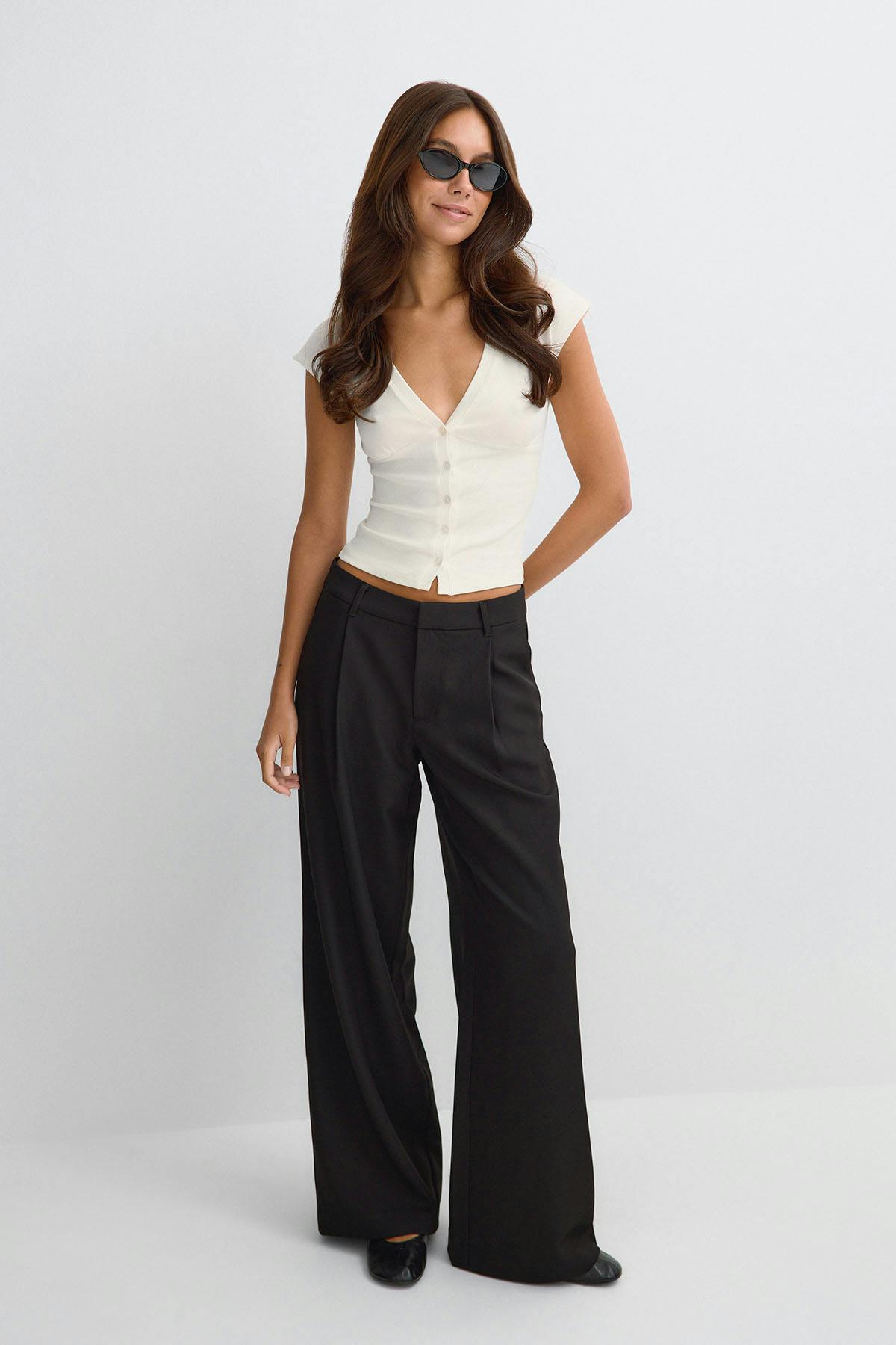 V-neck button top - Blanc cassé