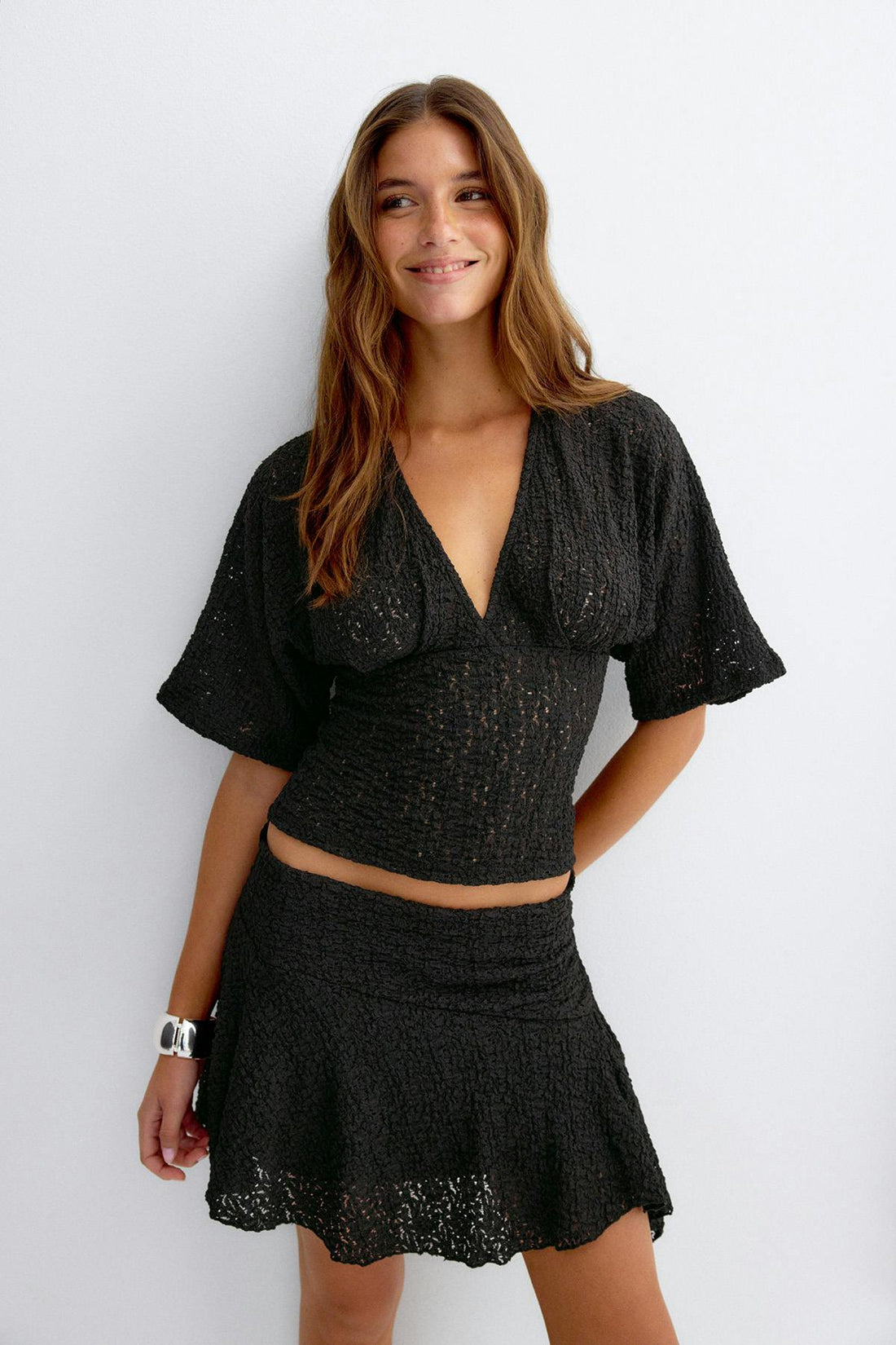 Textured v-neck top - Noir