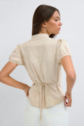 Structured keyhole blouse - Beige check