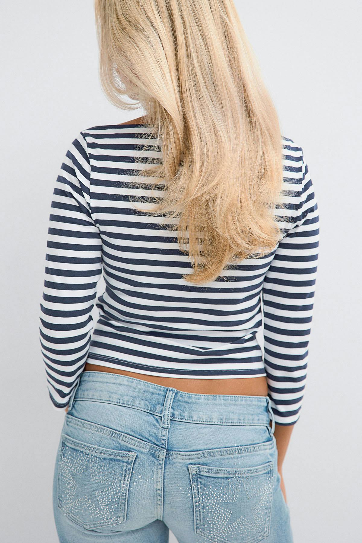 14+ fitted waist top - Blue stripe