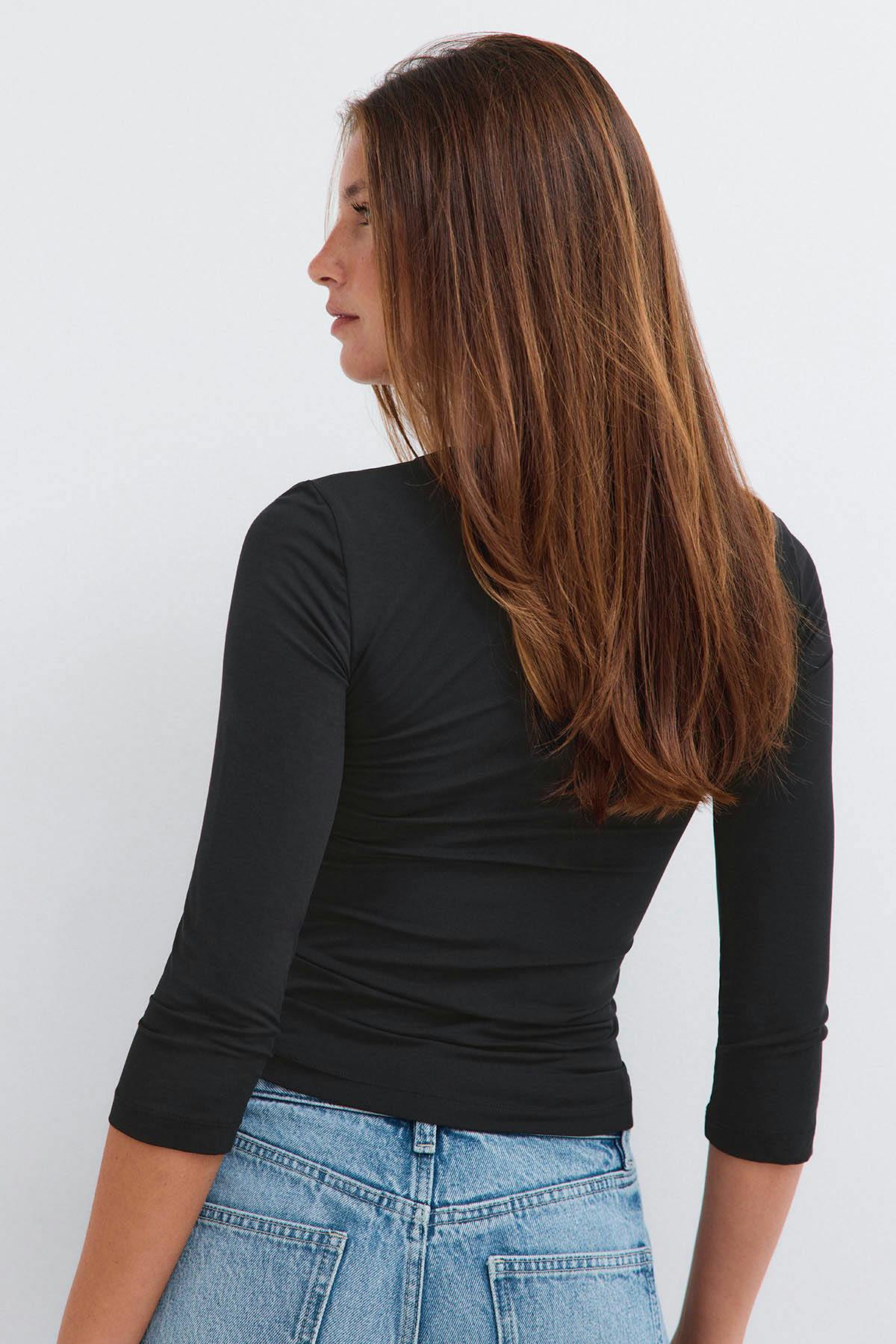 V-neck quarter sleeve top - Noir