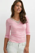 Y lace quarter sleeve top - Pink stripe