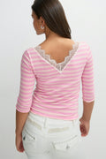 Y lace quarter sleeve top - Pink stripe