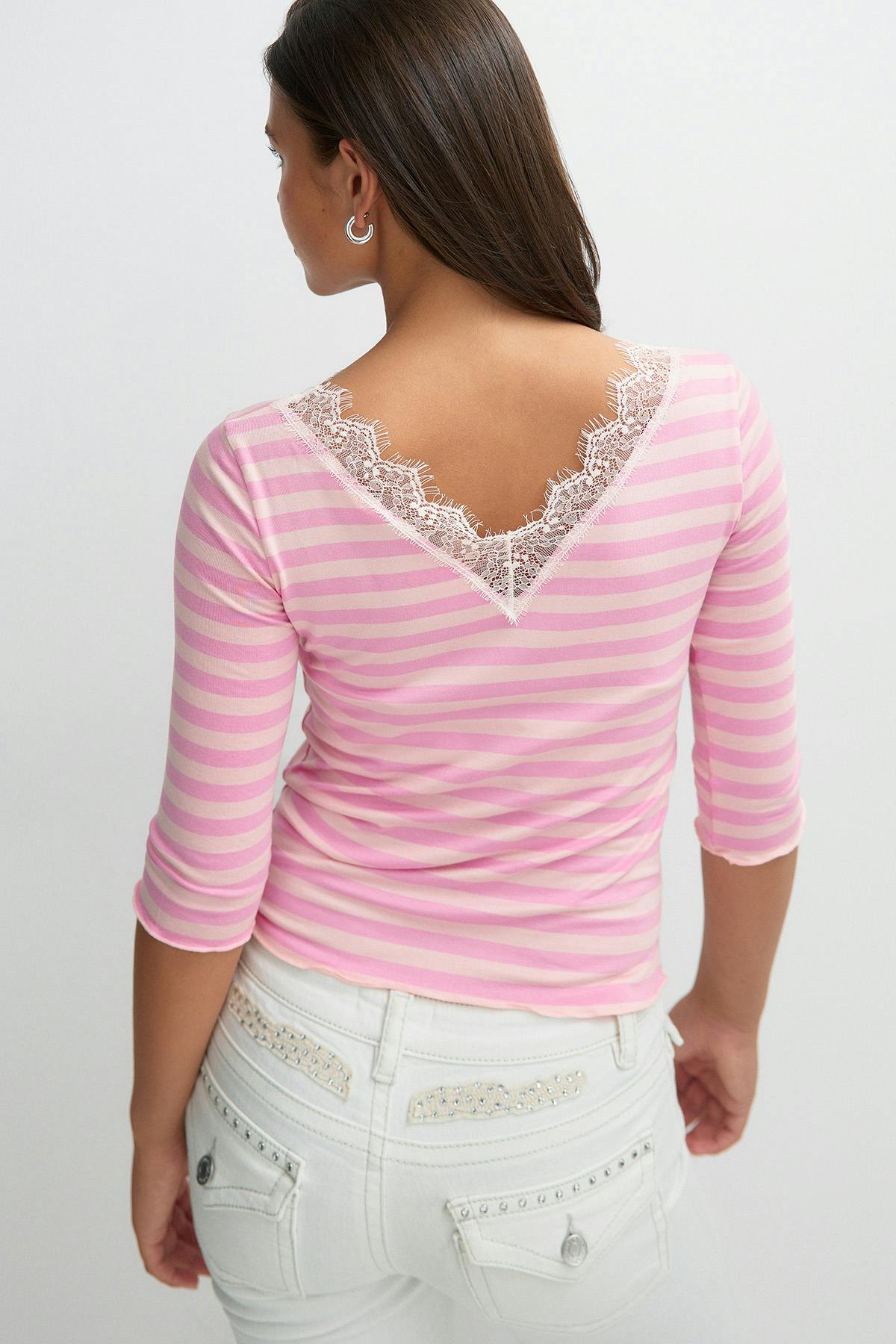 Y lace quarter sleeve top - Pink stripe