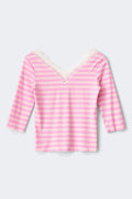 Y lace quarter sleeve top - Pink stripe