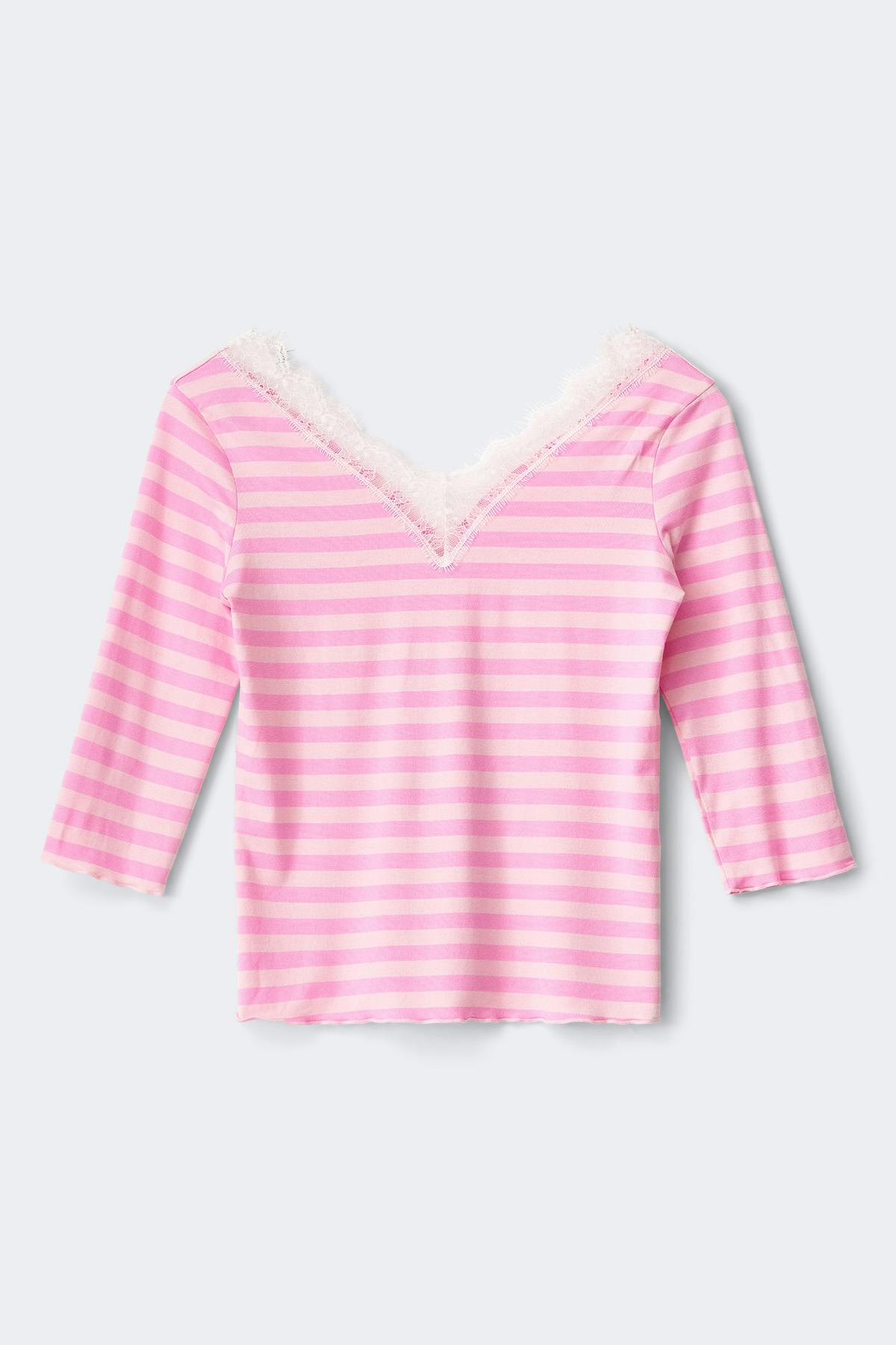 Y lace quarter sleeve top - Pink stripe