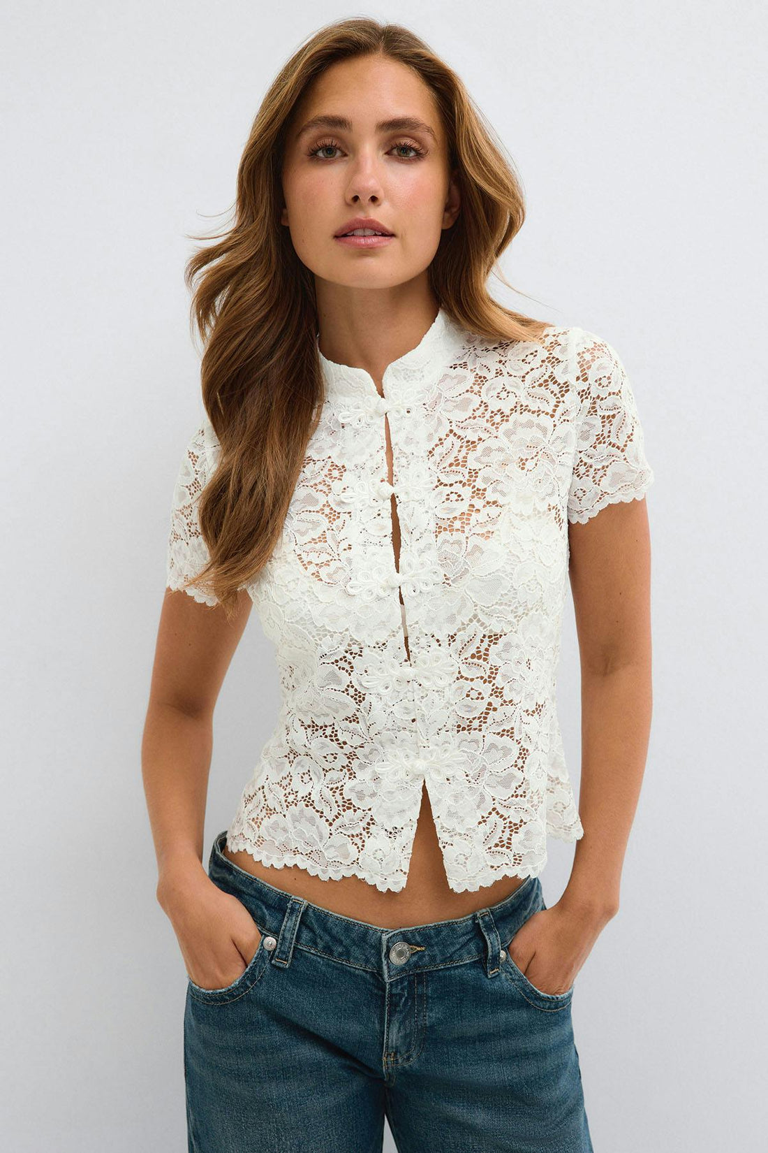 Mandarin collar lace top - Blanc cassé