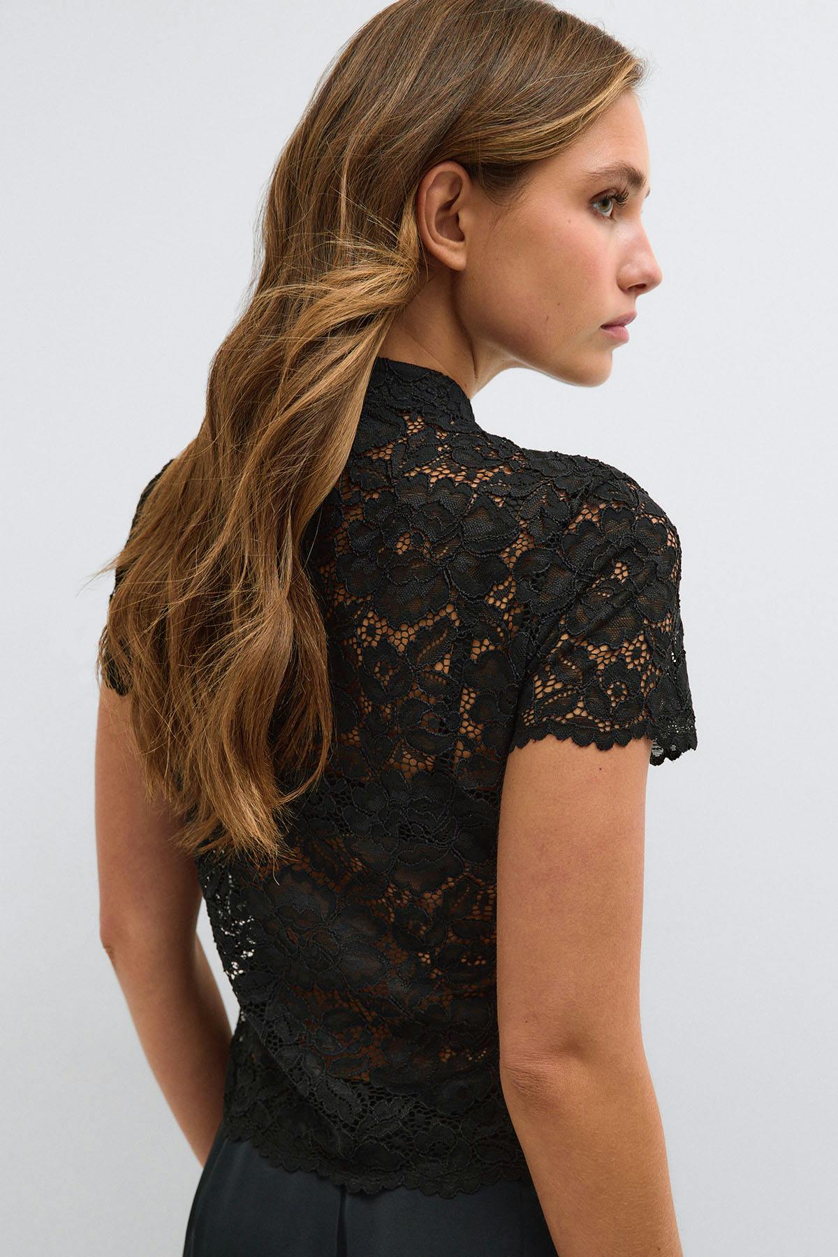 Mandarin collar lace top - Noir