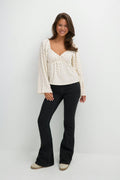 Y texture long sleeve top - Cream dot