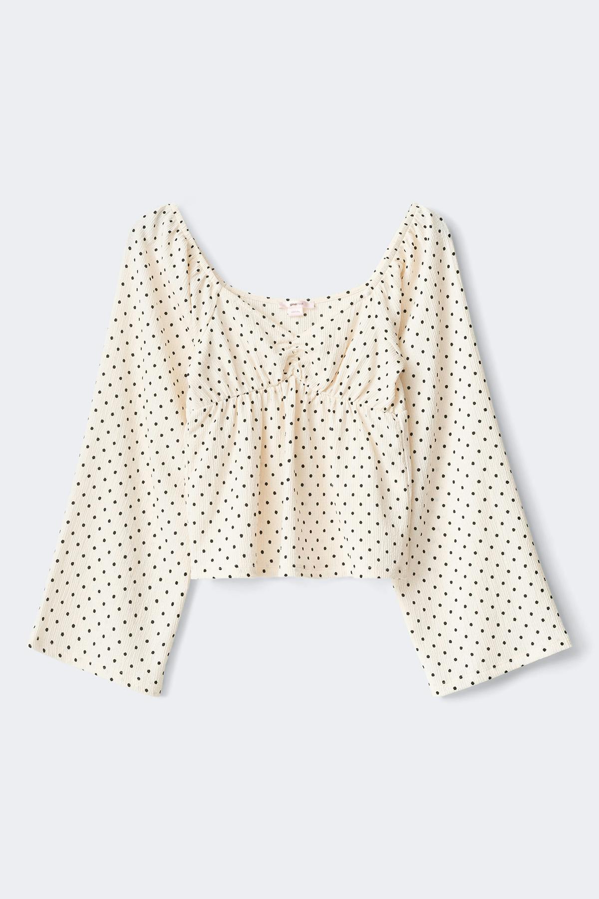 Y texture long sleeve top - Cream dot