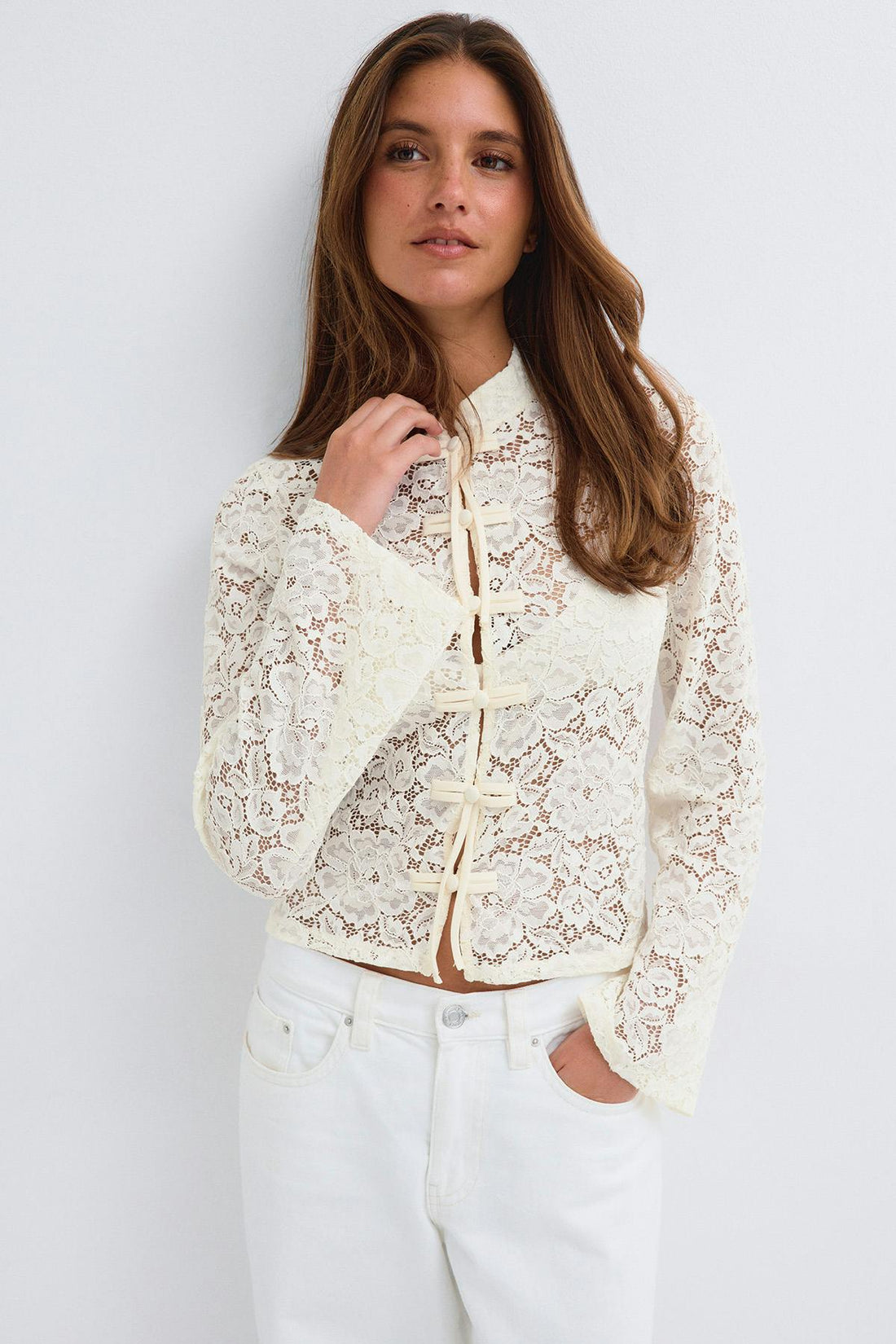 Mandarin collar longsleeve top - Blanc cassé