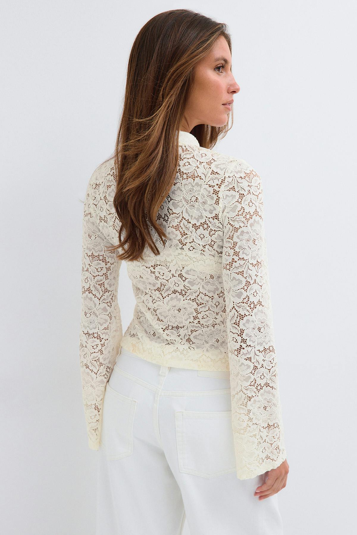 Mandarin collar longsleeve top - Blanc cassé
