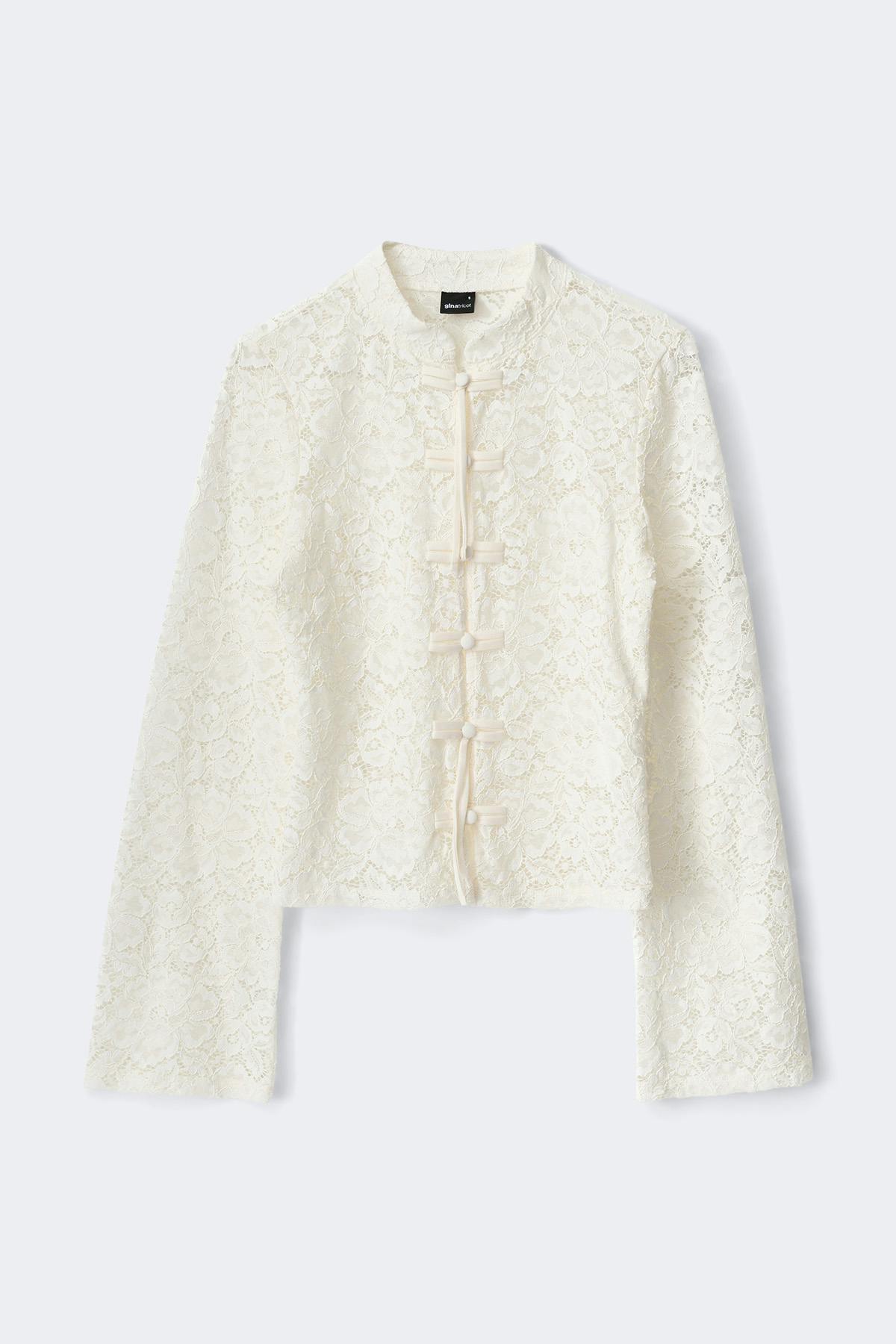 Mandarin collar longsleeve top - Blanc cassé
