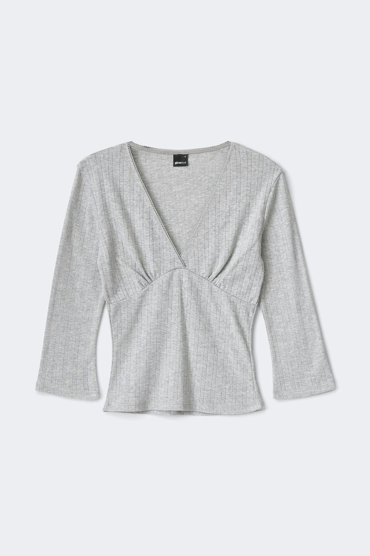 Pointelle quartersleeve top - Lt grey melange