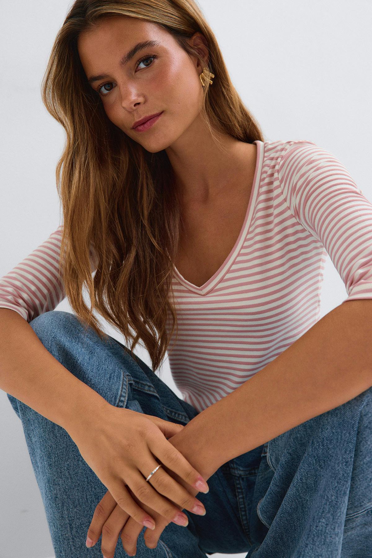 V-neck quarter sleeve top - Blanc cassé