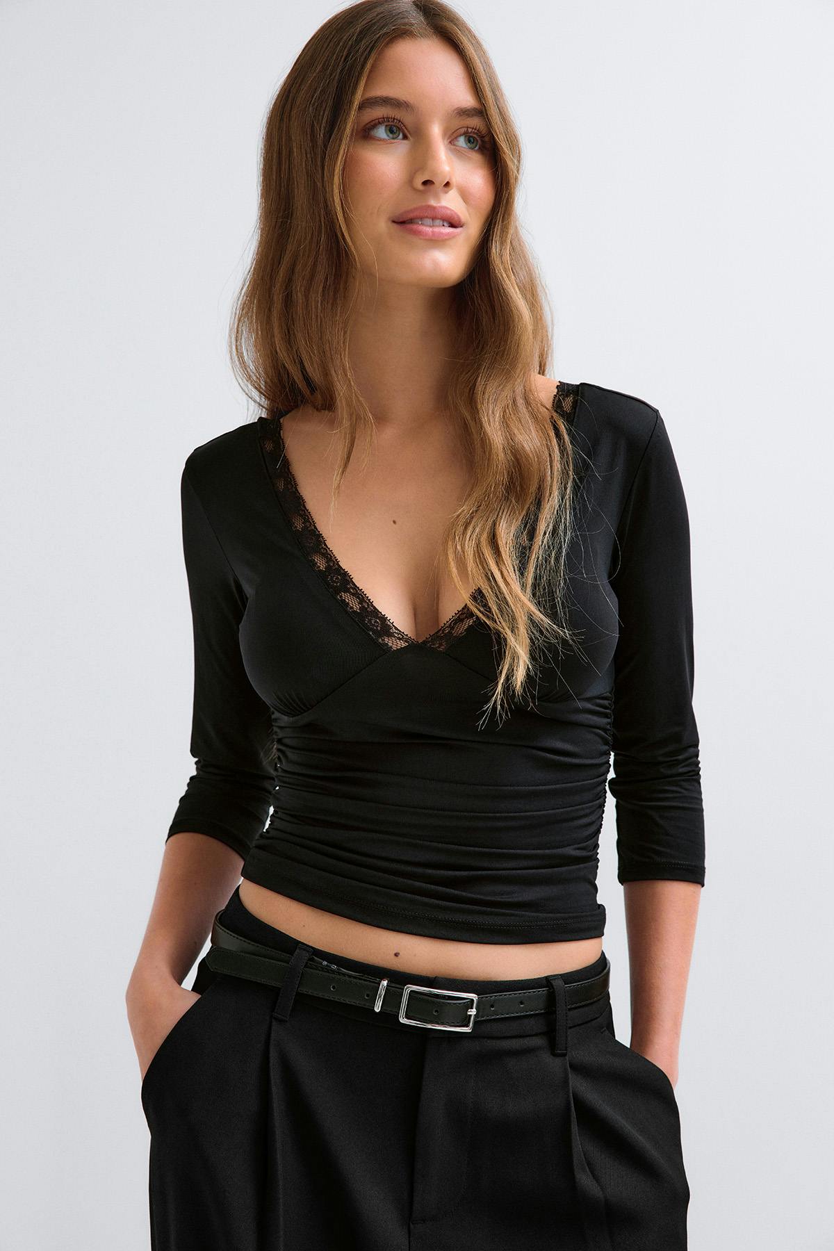 Lace detail quarter sleeve top - Noir