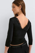 Lace detail quarter sleeve top - Noir