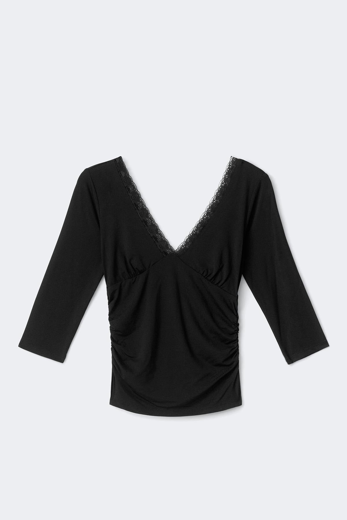 Lace detail quarter sleeve top - Noir