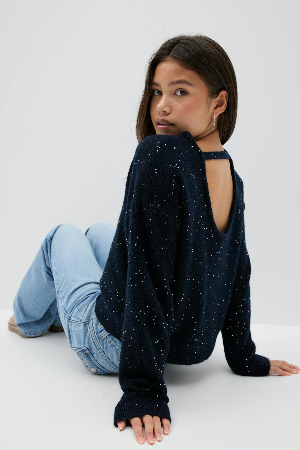 Y knitted glitter sweater - Bleu marine