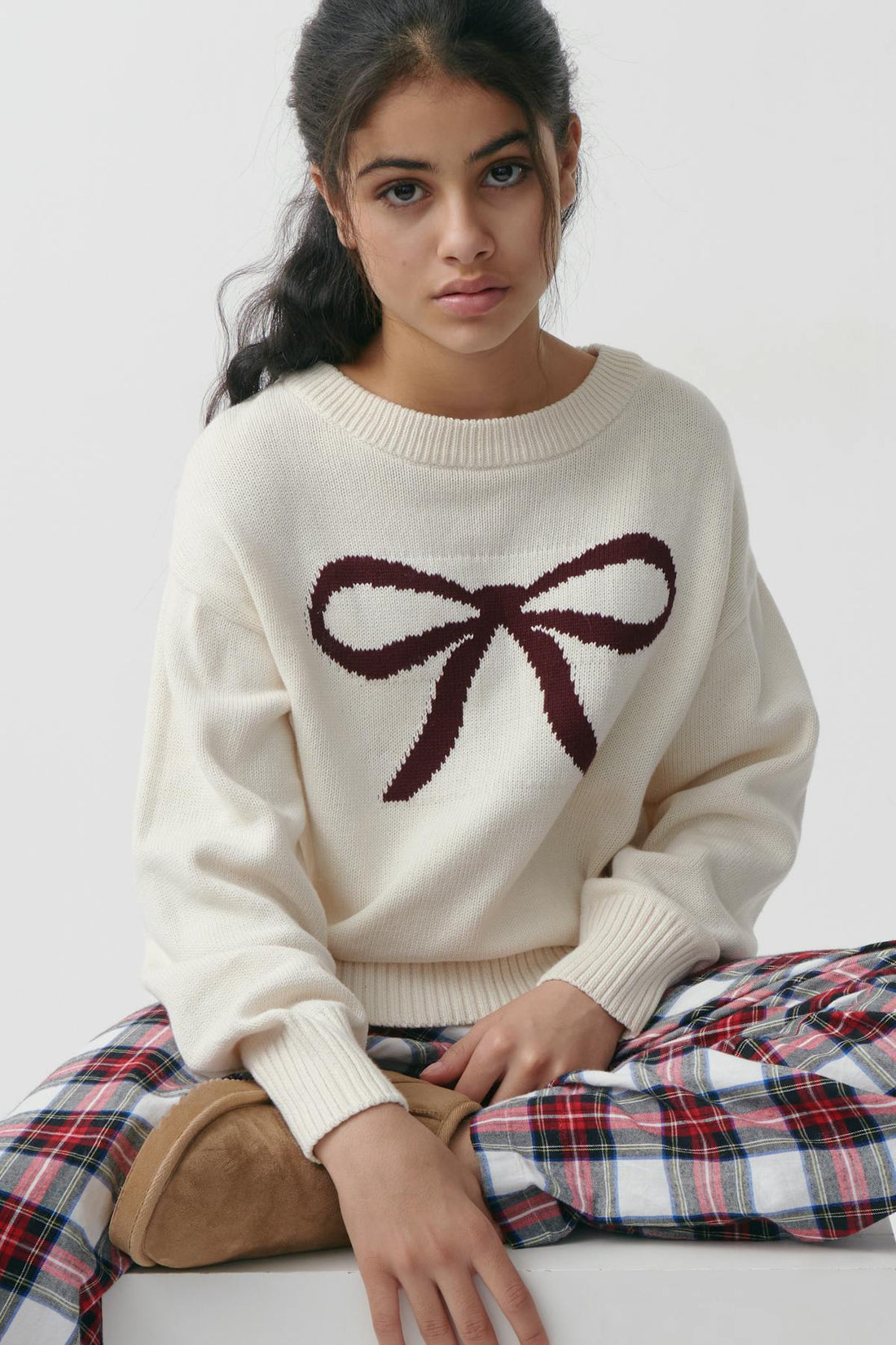 Y bow knitted sweater - Creme